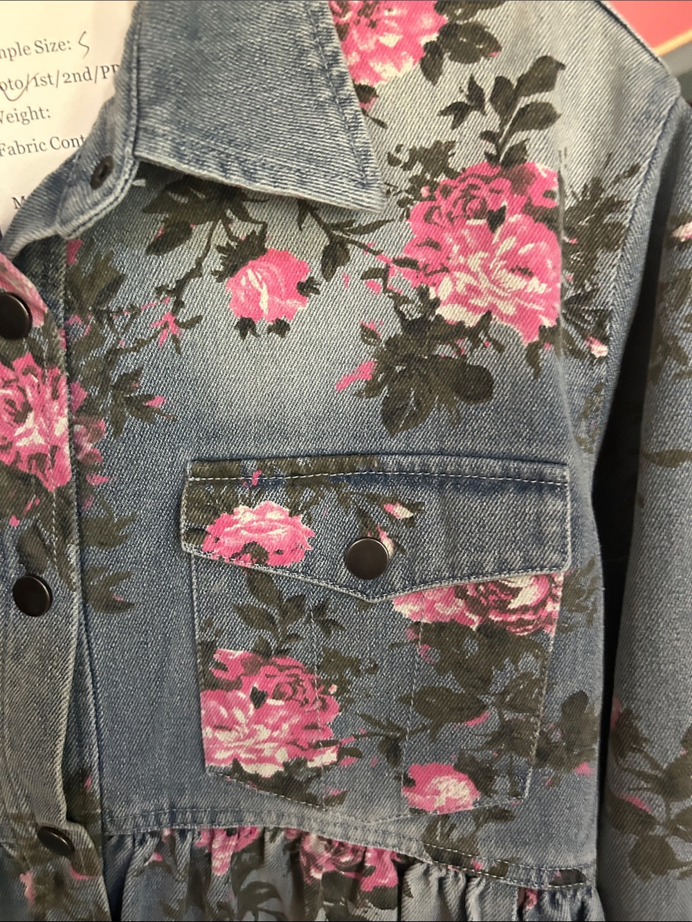 NWT BiBi Pink Floral Washed Blue Denim Peplum Jacket - Picture 4 of 8